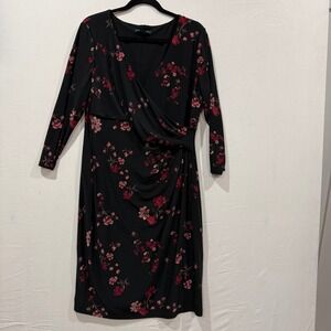 Lauren Ralph Lauren Black Floral Wrap Dress Midi Sleeve Size 16